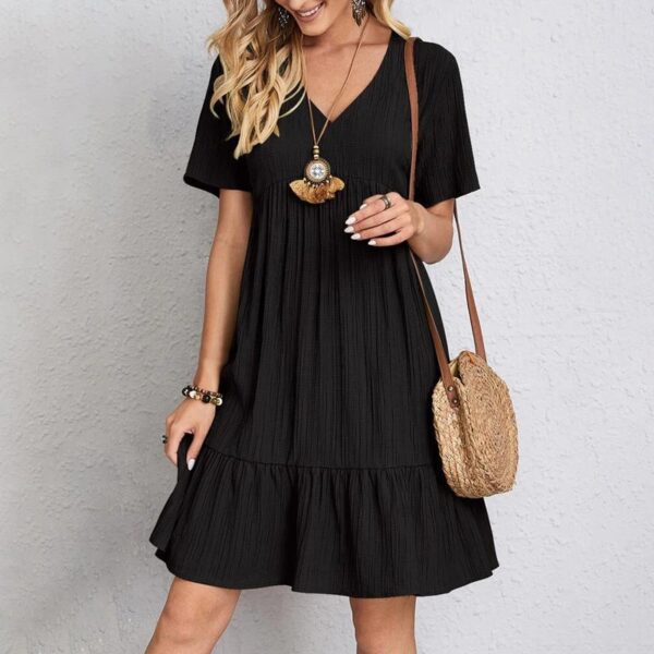 Mini Dress Summer Casual Solid V Neck Ruffles A-line Dress - Image 2